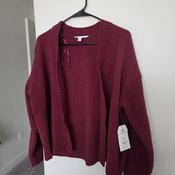 Time and Tru Sweaters - Waffle Knit Open Cardigan Sweater - Burgundy